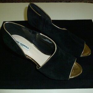 Karl Lagerfeld Black Suede Evette Platform Open Toe Pumps Size 9.5